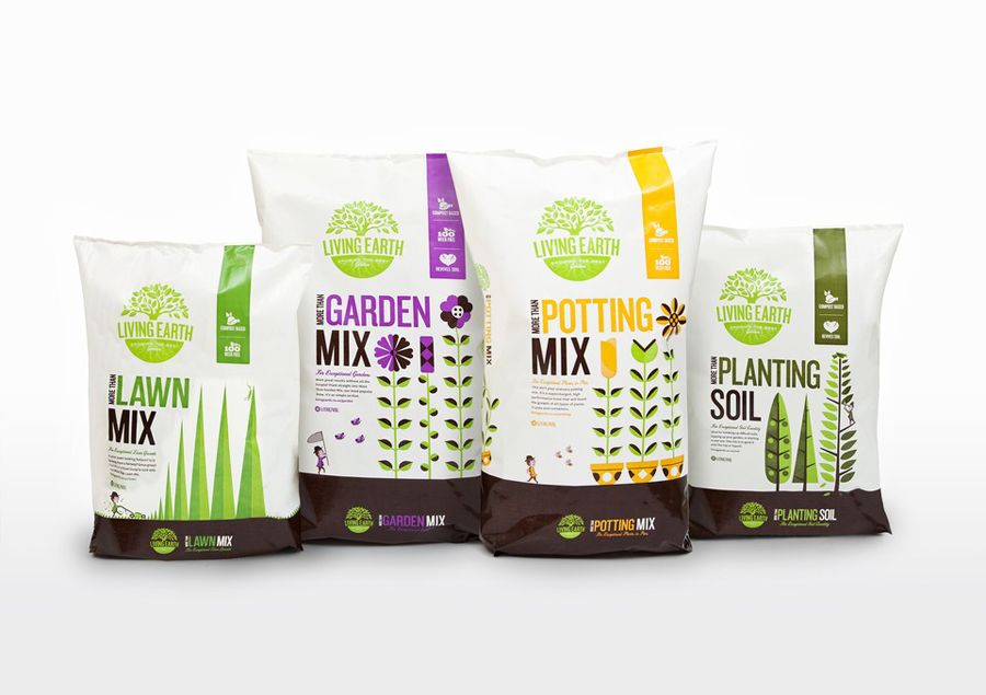 Packaging and illustration by Marx Design for organic compost Living Earth