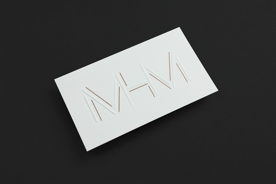  Logo and blind embossed business cards with metallic copper spot for MHM Architects by 26 Lettres