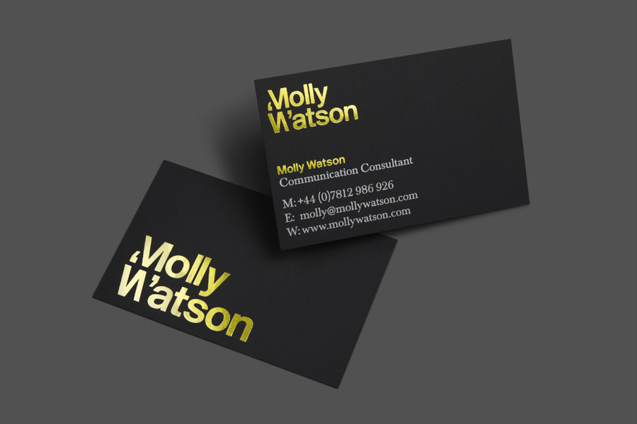 Logotype and business card with yellow foil detail designed by Studio Blackburn for communications specialist Molly Watson