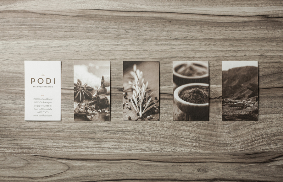 Logotype and business cards designed by Bravo Company for Singapore-based organic restaurant Podi