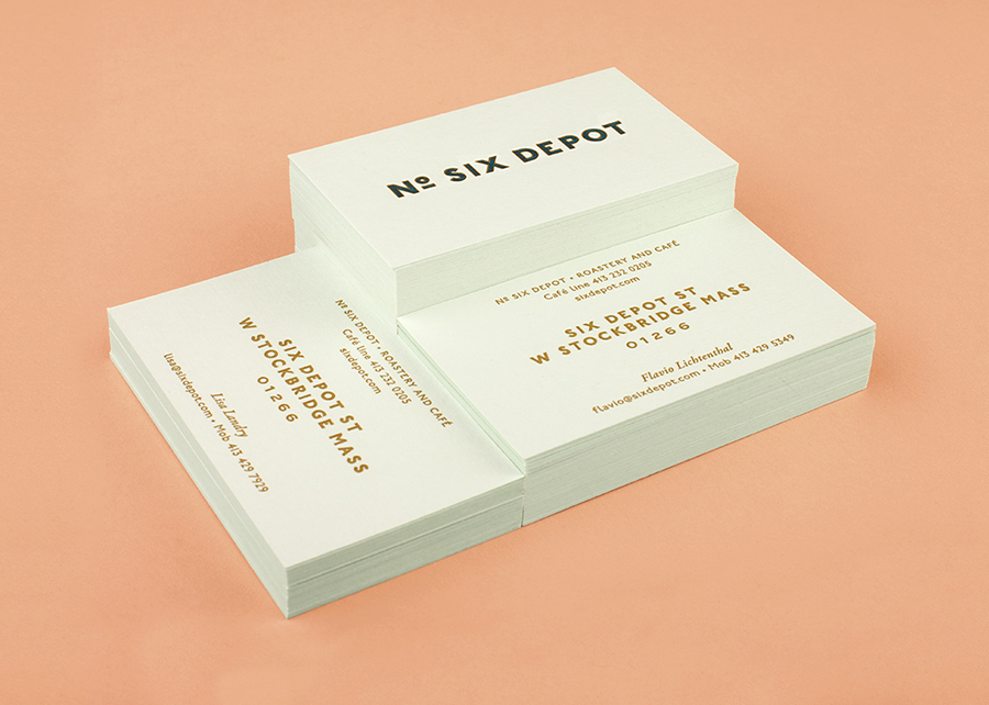 Letterpress business cards designed by Perky Bros for small-batch coffee roaster and café No. Six Depot