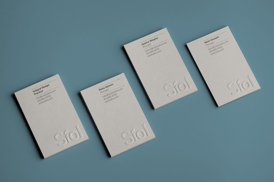 Logo and blind emboss business cards for San Francisco-based architecture studio Síol created by Mucho