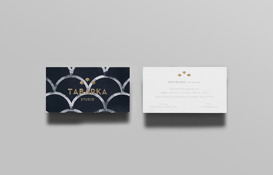 Logo and business card with gold block foil detail designed by Anagrama for terracotta tile specialist Tabarka Studio