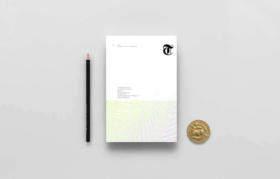 Logo and headed paper with guilloché pattern detail for boutique financial consulting firm Talous designed by Anagrama