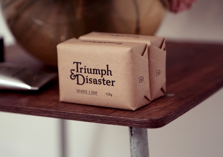 Soap packaging for male skincare and accessory range Triumph & Disaster designed by DDMMYY