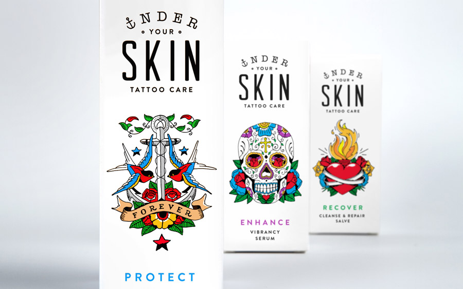 Packaging with bright illustrative detail by Robot Food for tattoo care range Under Your Skin 