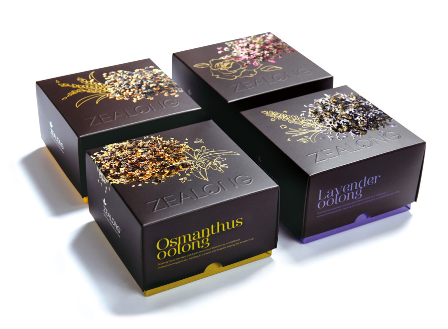 Packaging with UV varnish and blind emboss detail created by Victor Design for Zealong's oolong tea range 