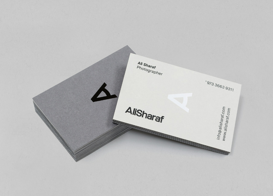 Logo and duplex business card with white and black foil detail designed by Mash for photographer Ali Sharaf