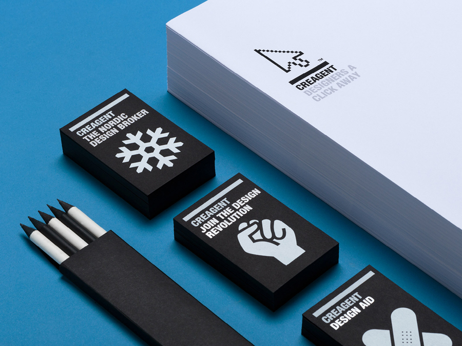 Logo and black board business cards with a white ink print finish designed by Bond for nordic design broker Creagent