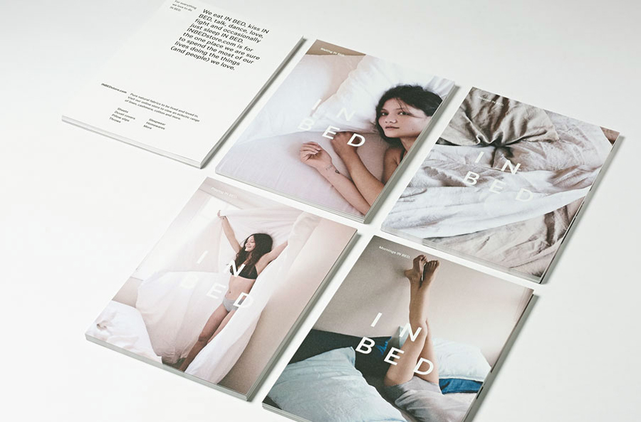 Brochure with laid paper detail for linen online retailer In Bed designed by Moffitt.Moffitt