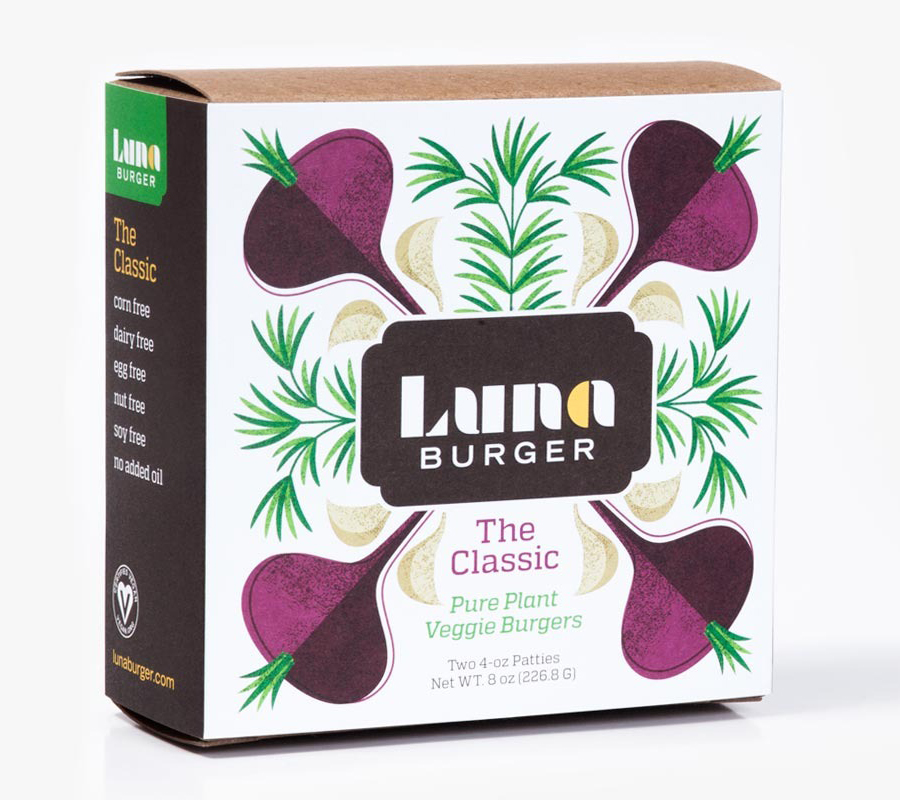Packaging with illustrative detail for organic veggie and vegan burger range Luna Burger created by Slagle Design