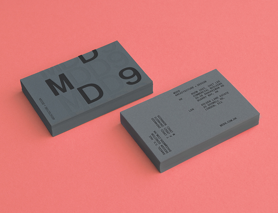 Logo and grey business card with blind deboss detail designed by Two Times Elliott for interior and architecture firm MDD9