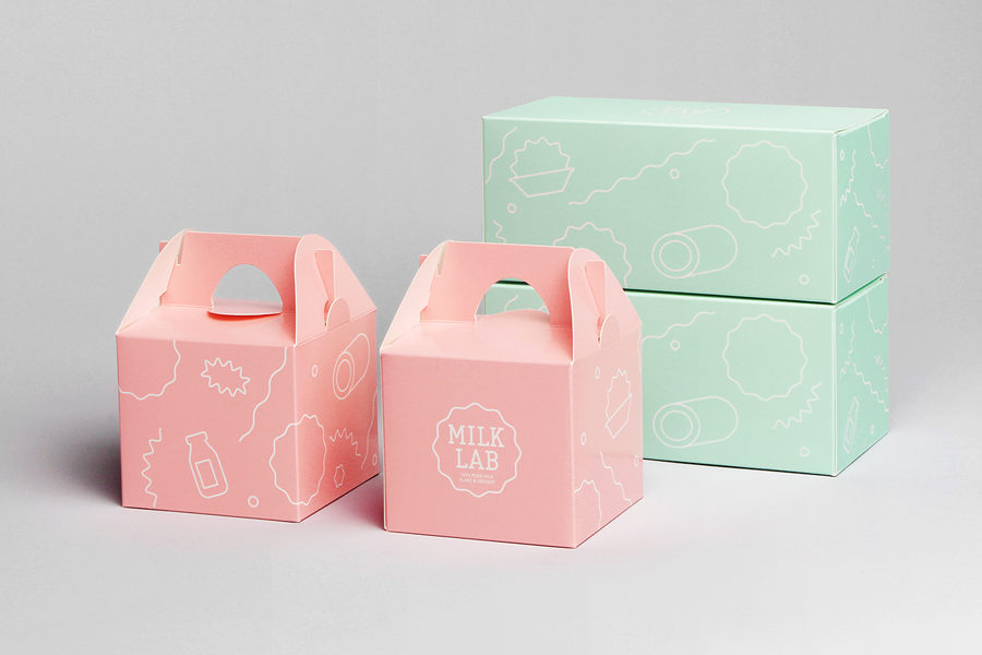 Packaging designed by Studio FNT for South Korean dessert restaurant Milk Lab