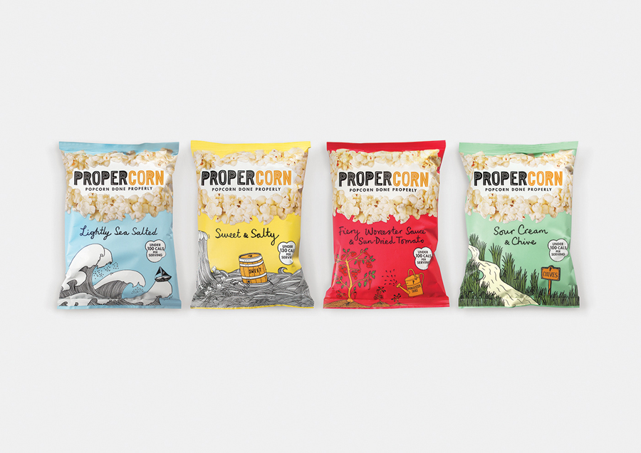 Propercorn packaging 2014 designed by B&B Studio featuring illustrative work by Zoe More O'Ferrall