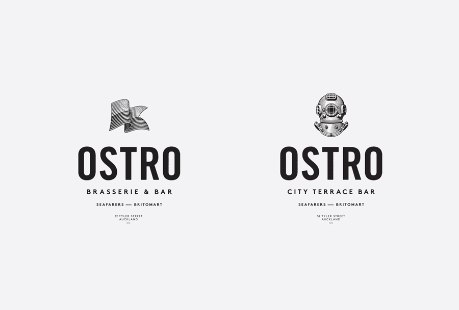 Logo with etched illustrative detail designed by Inhouse for brasserie and bar Ostro