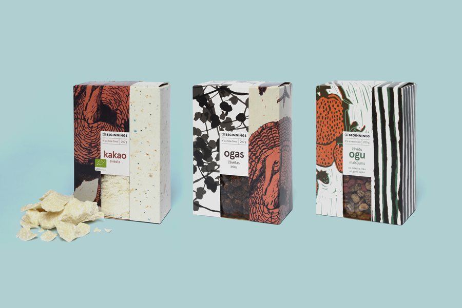 Logo, brand identity and illustrative packaging by Asketic for raw food and ingredients business The Beginnings.