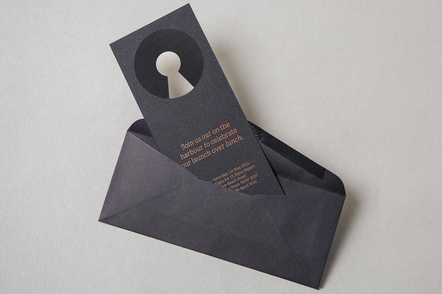 Logo and die cut, copper foiled invitation designed by Re for executive coaching and mentoring service The Confidante