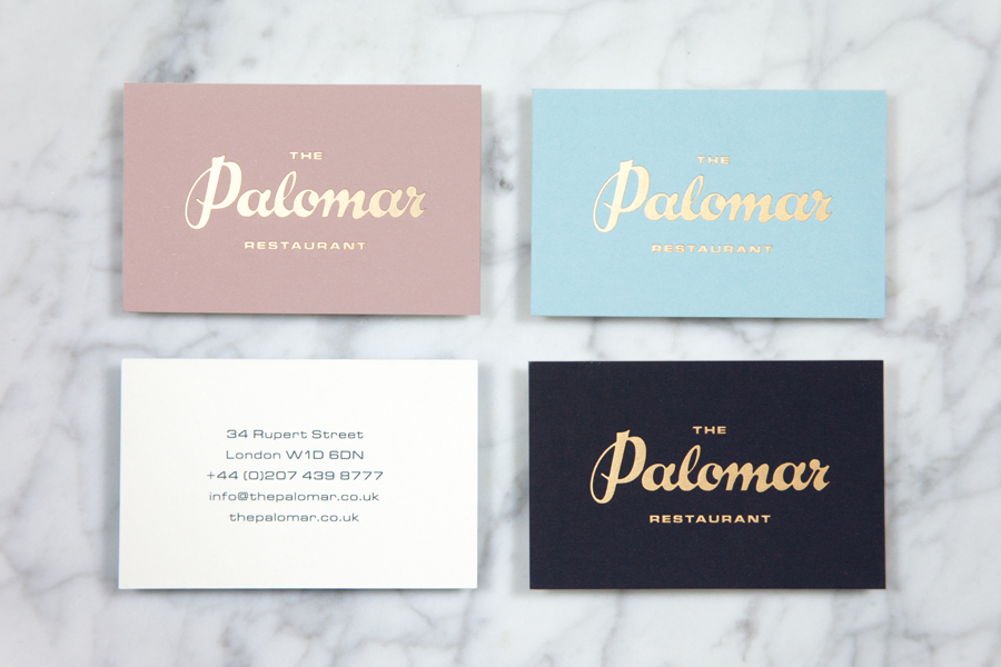 Logotype and business cards with gold foil detail designed by Here for Soho restaurant The Palomar