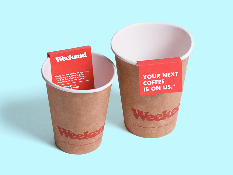 Logo and coffee cups with a red board and white ink detail designed by RoAndCo for Dallas coffee shop Weekend