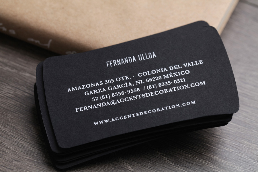 Business card reverse with white foil detail designed by La Tortilleria for home furnishing retailer and interior design service Accents