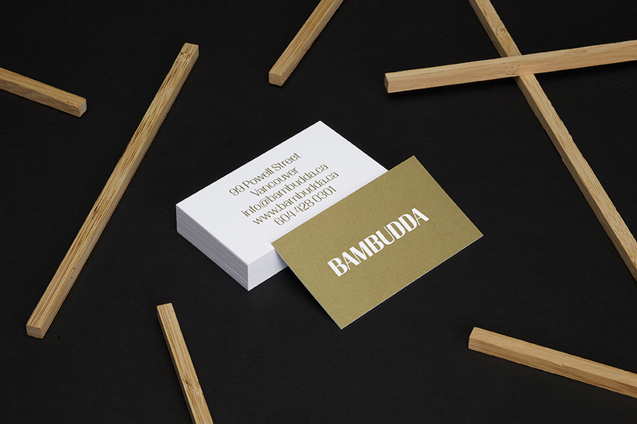 Logotype and business card with metallic gold spot colour print finish by Post Projects for Vancover-based Chinese restaurant Bambudda