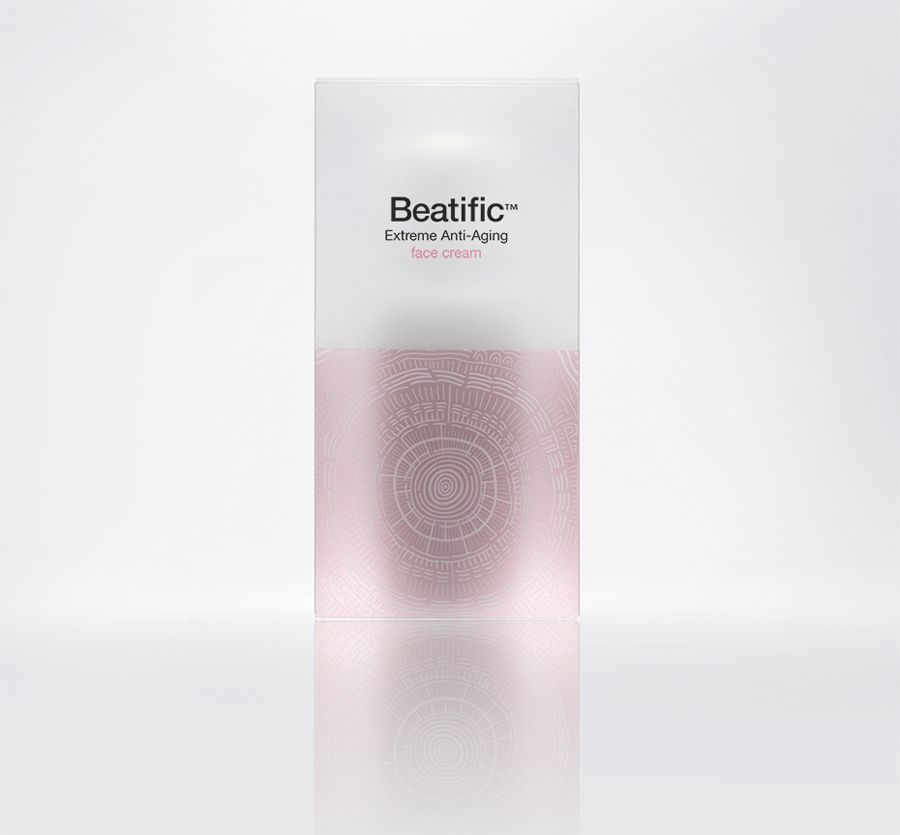 Logo and packaging with frosted plastic and illustrative detail by Mousegraphics for Hygeia Group's new skincare line Beatific