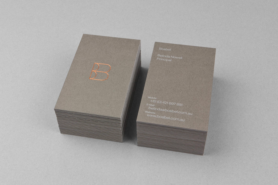 Logo and business card with a copper block foil detail for screenwriter Belinda Nowell's new publishing venture Boabel, designed by Maud