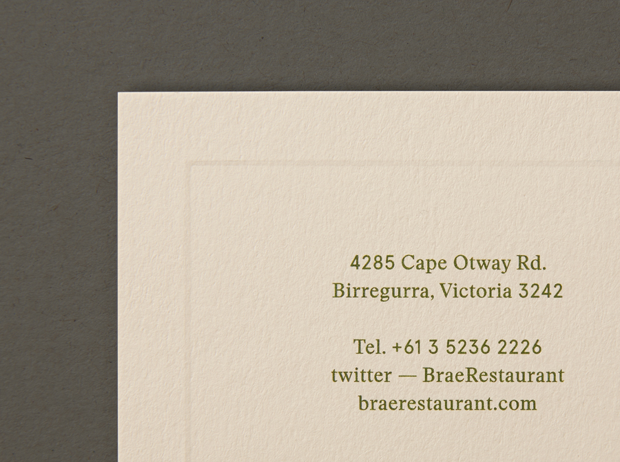 Business card with blind deboss detail designed by Studio Round for restaurant Brae