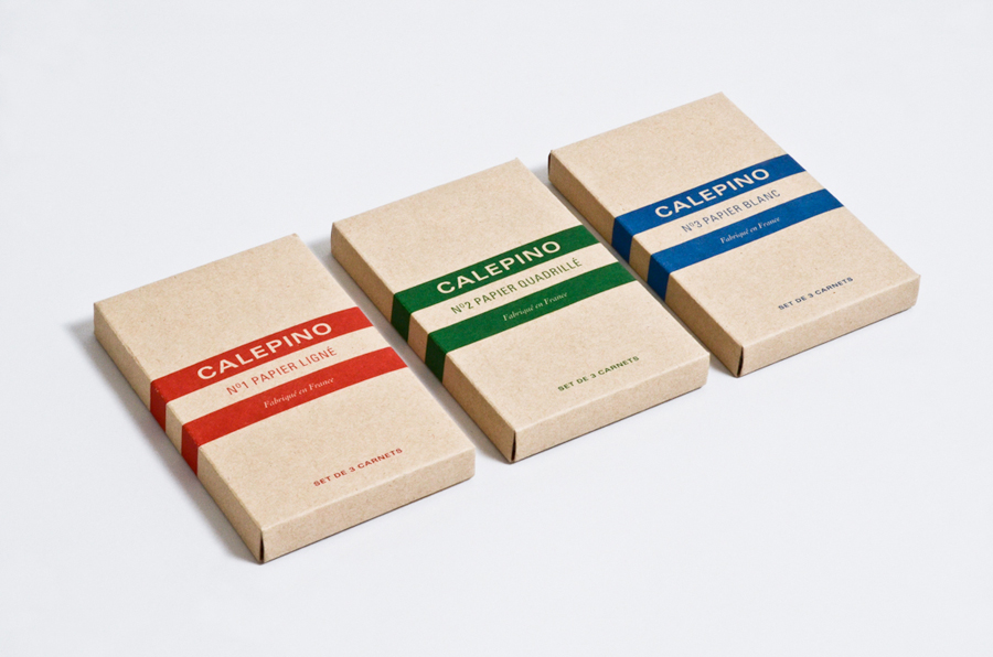 Logo and notebook packaging with uncoated, unbleached material detail designed by Studio Birdsall for French notebook brand and manufacturer Calepino