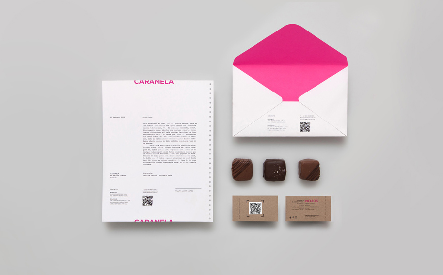 Stationery with neon pink detail for chocolate boutique and caterer Caramela designed by Anagrama