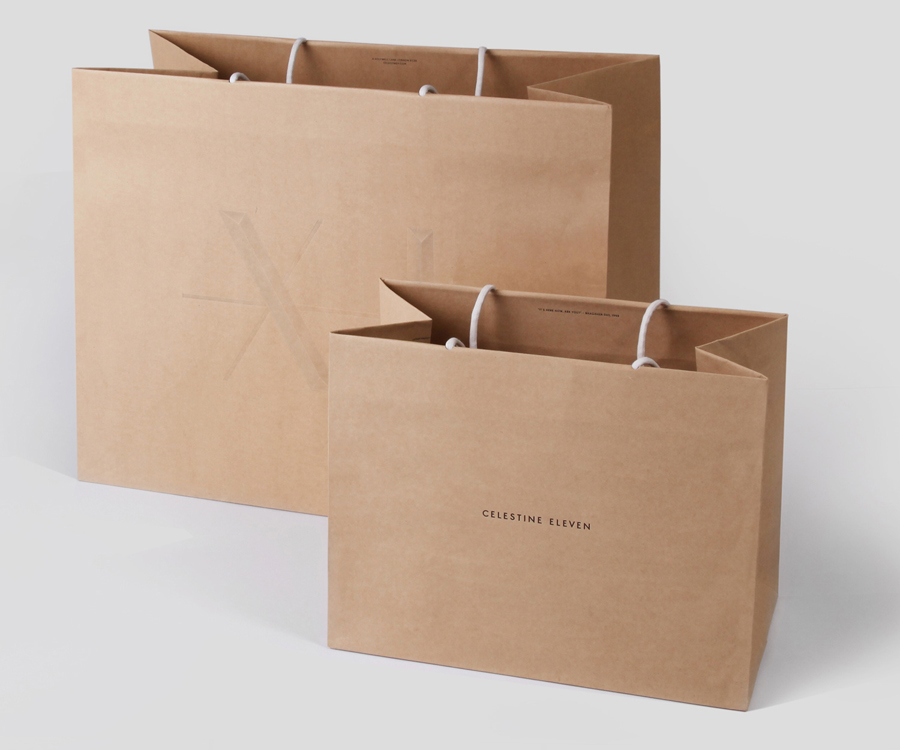 Logo and unbleached paper carrier bags designed by Construct for luxury fashion and homeware store Celestine Eleven