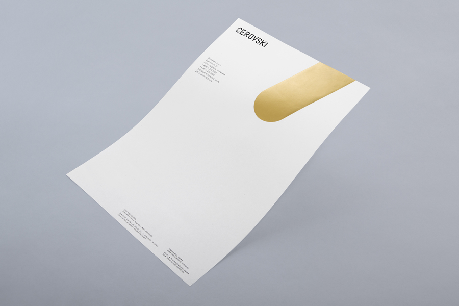 Letterhead with gold metallic ink detail for print production studio Cerovski designed by Bunch