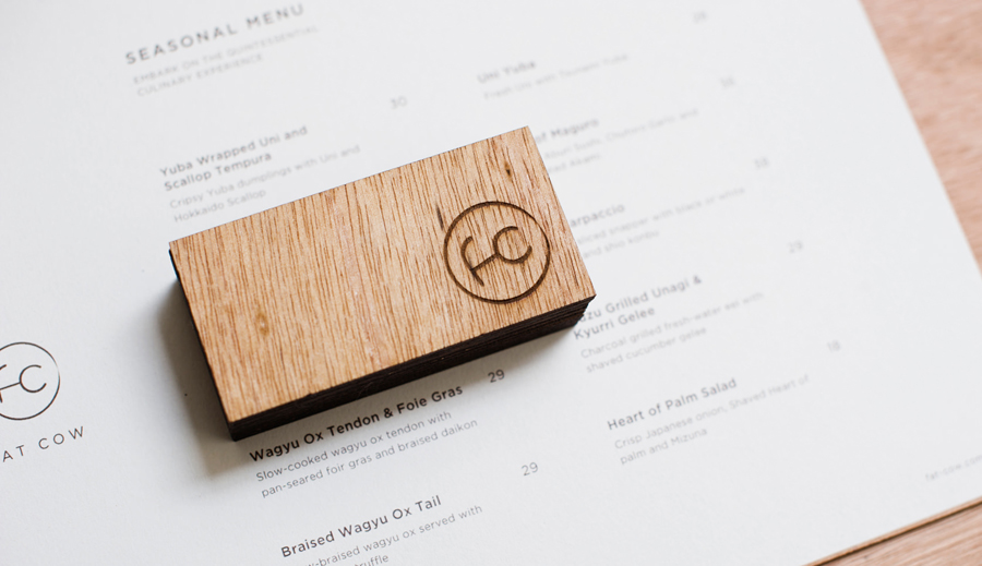 Logo and menu for specialist beef restaurant Fat Cow designed by Foreign Policy