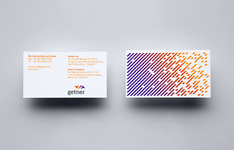 Logo and business card with blue to orange colour palette for payroll management company Getner designed by Anagrama