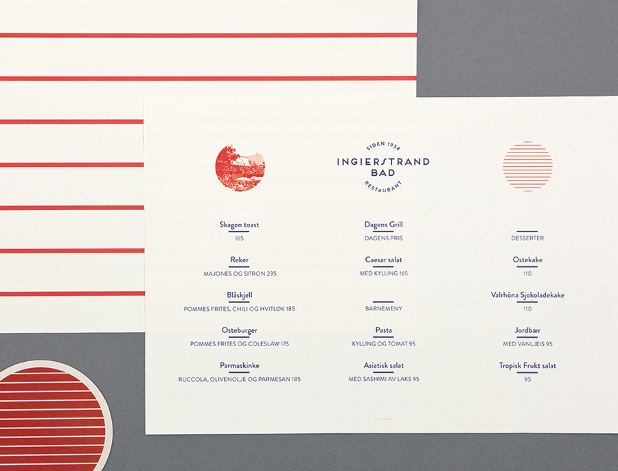 Logo and menus with vintage tinted photography detail designed by Uniform for recently refurbished Norwegian restaurant Ingierstrand Bad