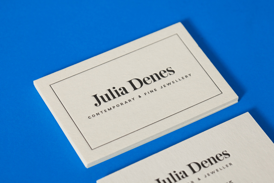 Logo and letterpress business card for contemporary handmade jewellery designer Julia Denes by Studio Sammut