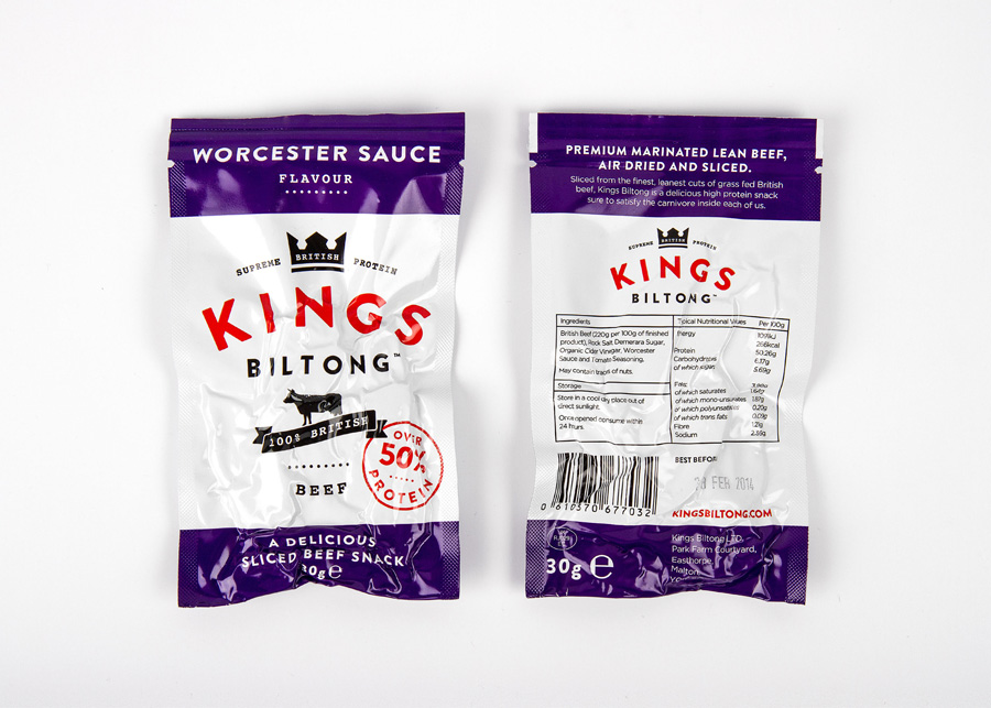 Packaging designed by Robot Food for snack and supplement range Kings Biltong