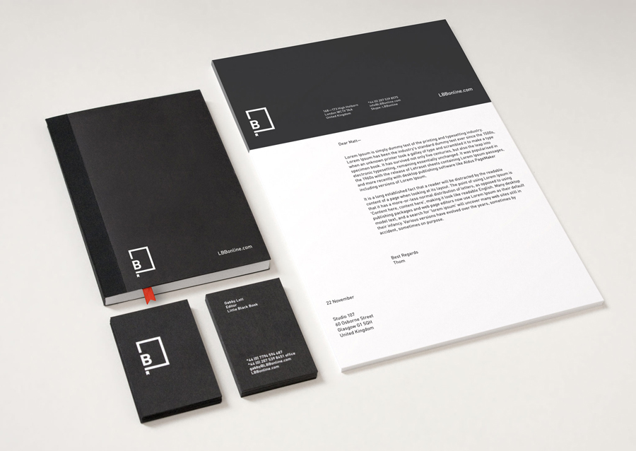 Logo and stationery with black card and white ink detail created by Freytag Anderson for advertising industry guide Little Black Book