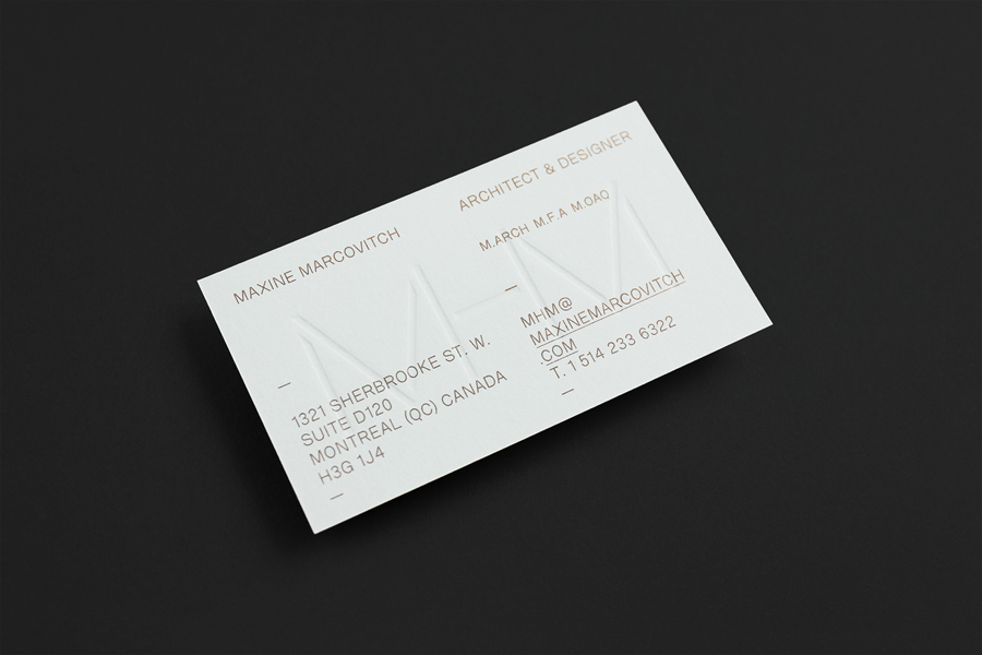  Logo and blind embossed business cards with metallic copper spot for MHM Architects by 26 Lettres