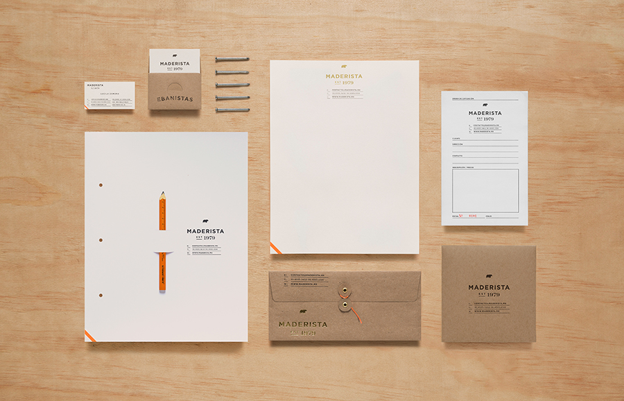 Logo and stationery with gold foil detail and unbleached papers designed by Anagrama for San Pedro-based carpentry studio Maderista
