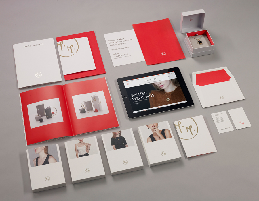 Logo, stationery and print with gold and red spot colour detail designed by ico for jewellery brand Mark Milton