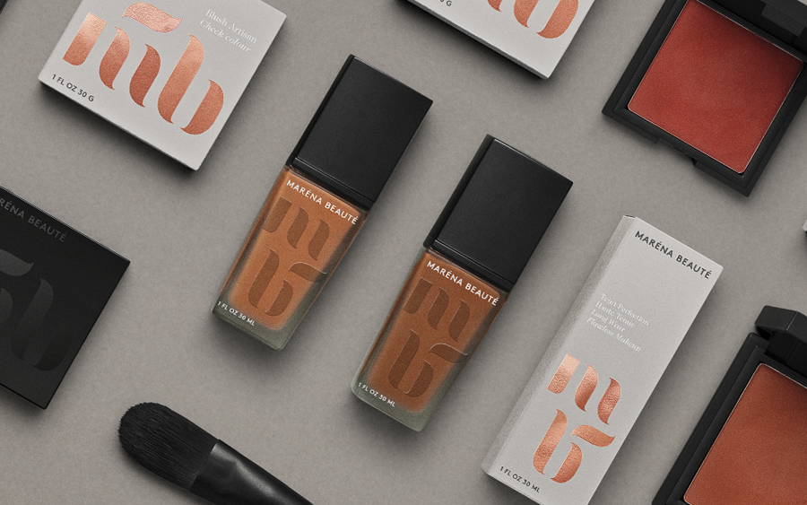 Logo and packaging with copper foil detail designed by We Are Bold for Swedish cosmetics brand Maréna Beauté