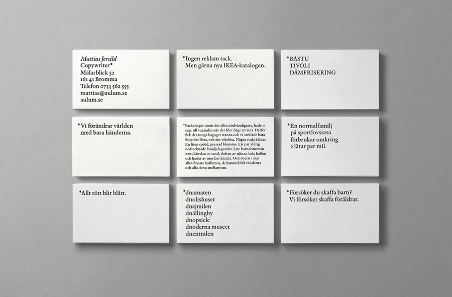 Logo and business card with an Indigo type-only design solution for Swedish copywriter Mattias Jersild created by BVD