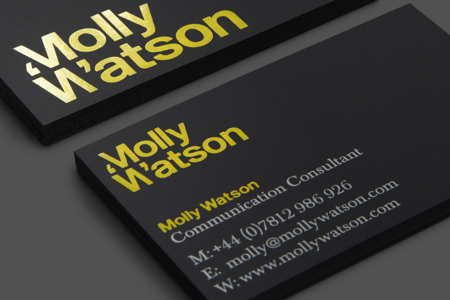 Logotype and business card with yellow foil detail designed by Studio Blackburn for communications specialist Molly Watson