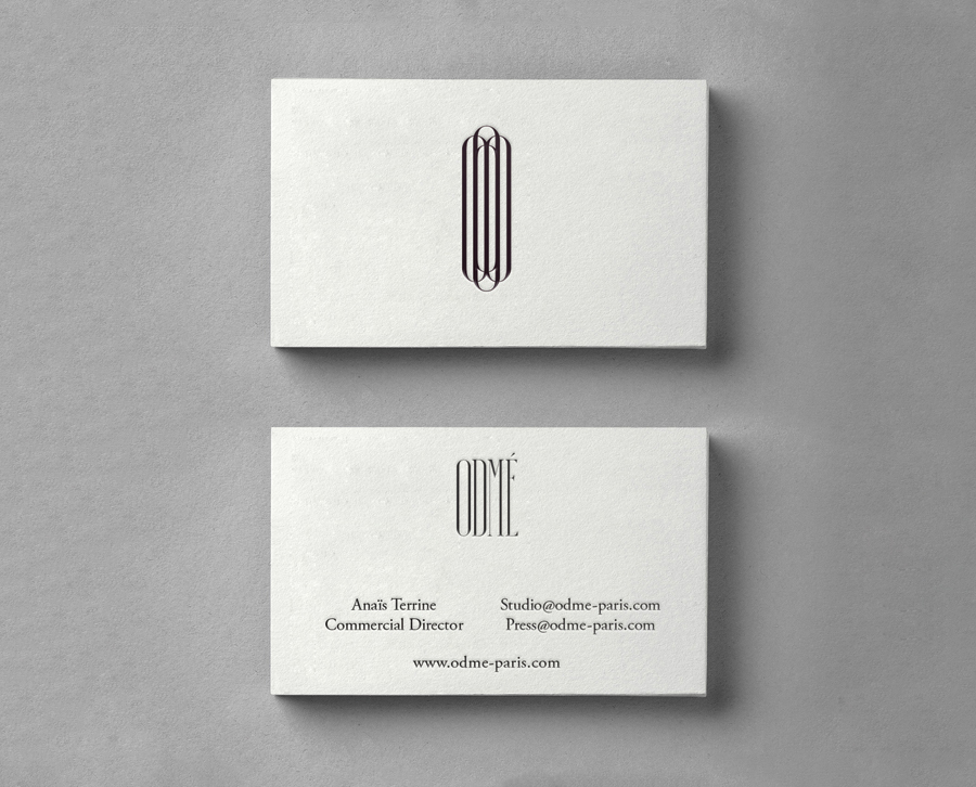 Logo and letterpress business card designed by Two Times Elliott for Paris accessory brand Odmé