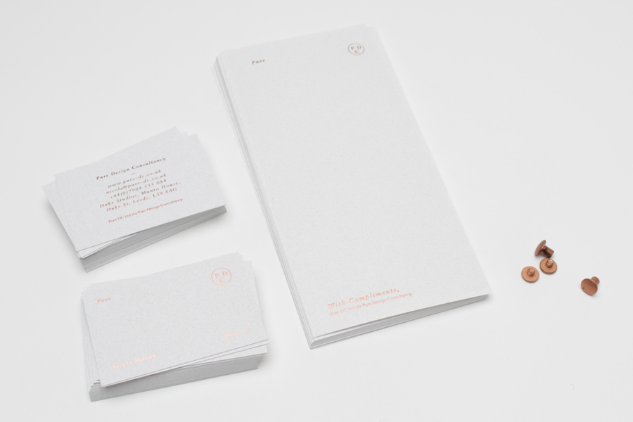 Stationery with copper foil and alabaster paper detail by Passport for interior design consultancy Pure