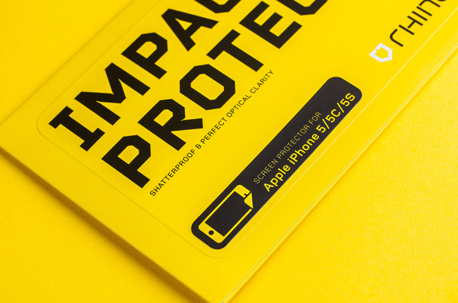 Packaging by Bravo Company for high impact screen protector Rhinoshield