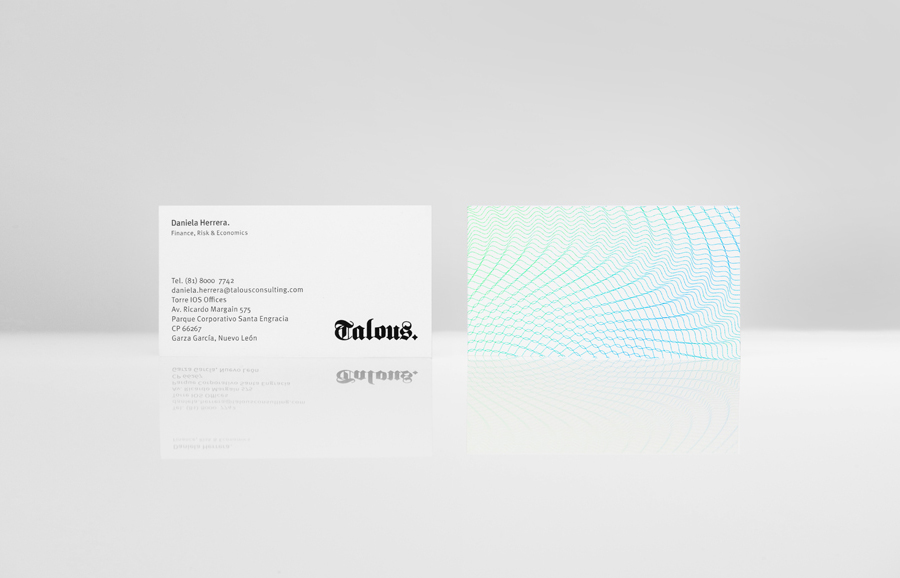 Logo, business card and guilloché pattern work for boutique financial consulting firm Talous designed by Anagrama