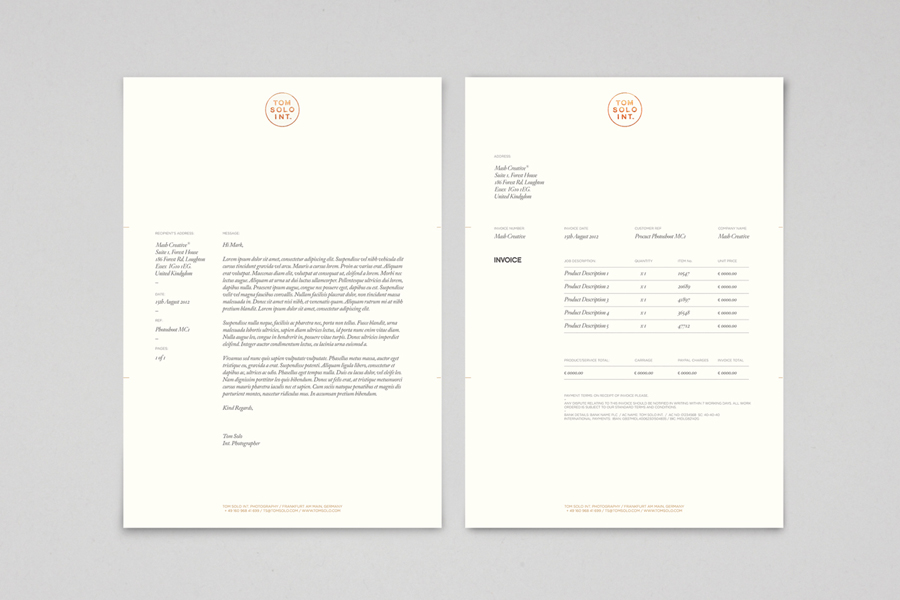 Logo and letterhead with copper foil detail for photographer Tom Solo designed by Mash