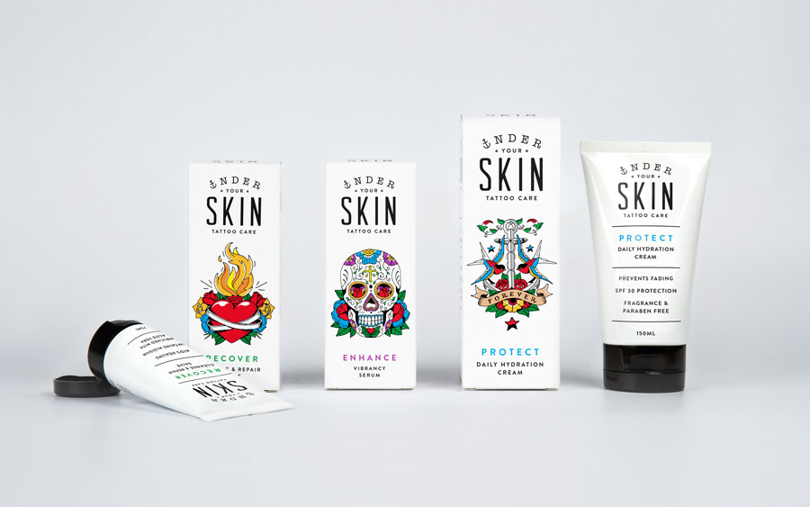 Packaging with bright illustrative detail by Robot Food for tattoo care range Under Your Skin 